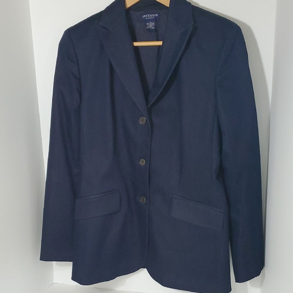 Ann Taylor Classic Long Line 3 Button Stretch Dark Denim Blazer Size 6